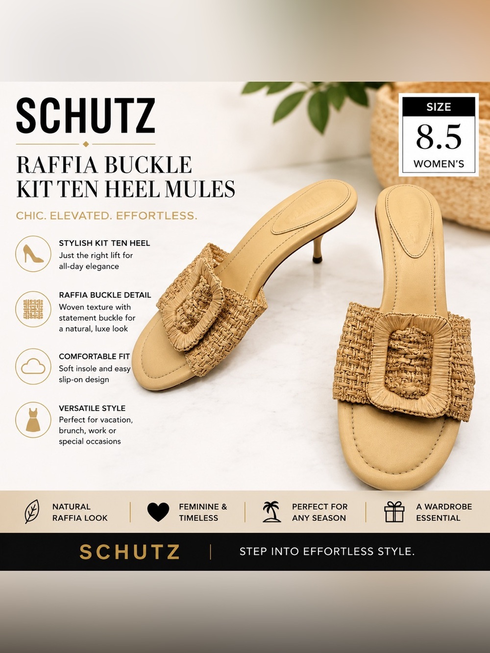 Schutz Raffia Buckle Kitten Heel Mules – Women’s Size 8.5